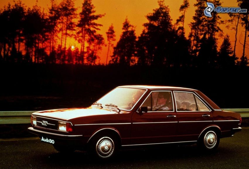 Audi 80, oldtimer, sunset, silhouettes of the trees