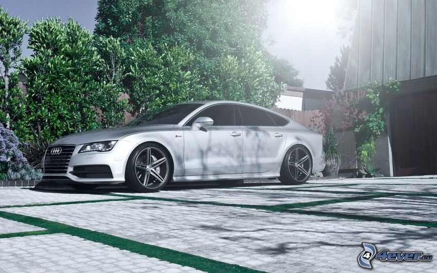 Audi A7, pavement, trees, sun