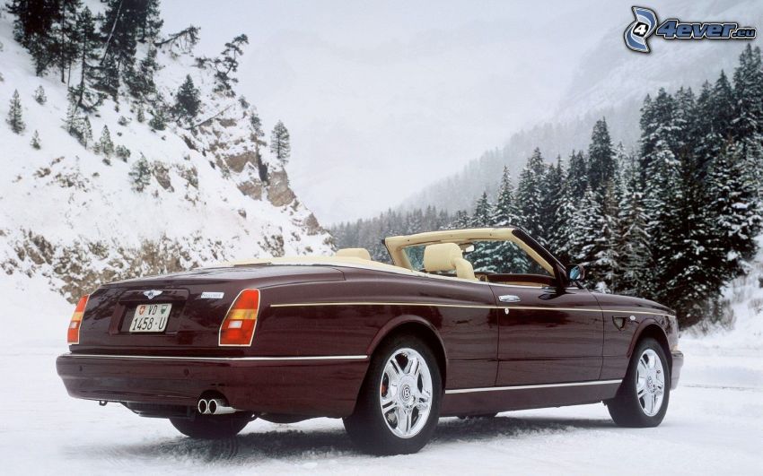Bentley Azure, convertible, snowy mountains, coniferous trees