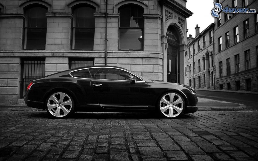 Bentley Continental GT, streets, black and white photo