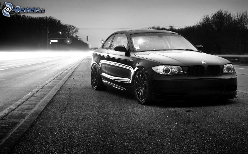 BMW 135i, road, black and white