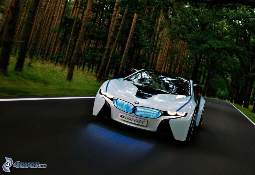 BMW i8, road through forest
