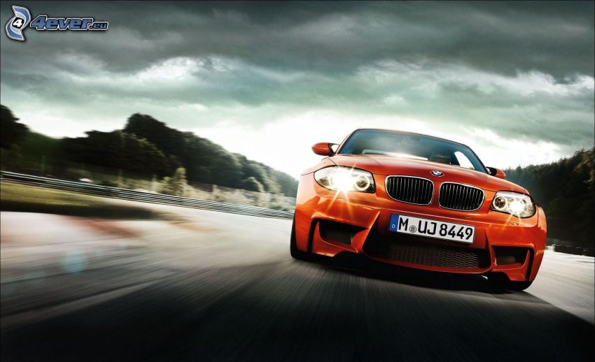 BMW M1, front grille, speed, road, clouds