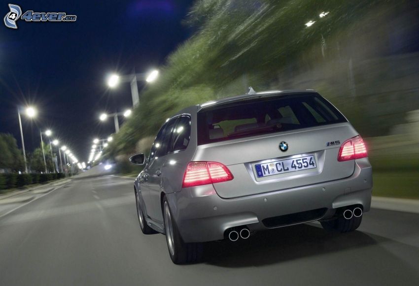 BMW M5, speed, evening, street lights