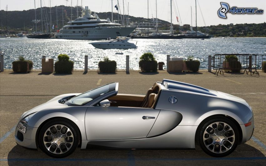 Bugatti Veyron, convertible, harbor, luxury ship