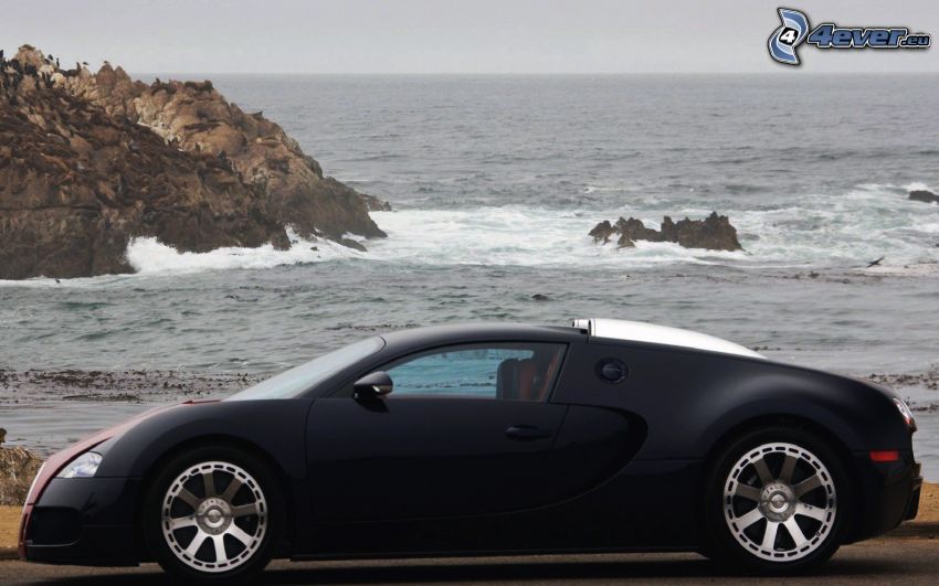 Bugatti Veyron, rocks in the sea, sea