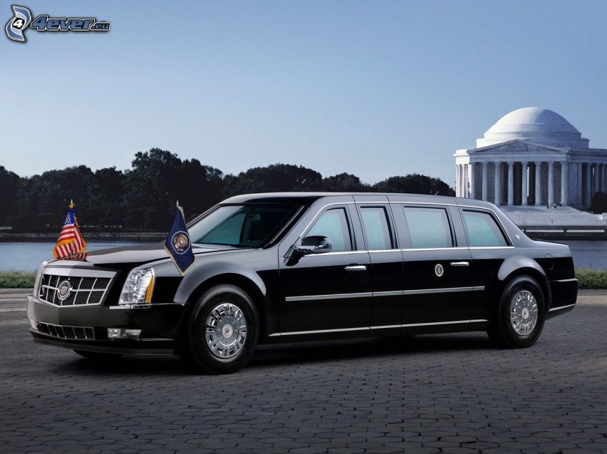 Cadillac, limousine, flags, pavement, USA
