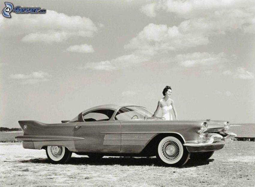 Cadillac, oldtimer, woman, black and white