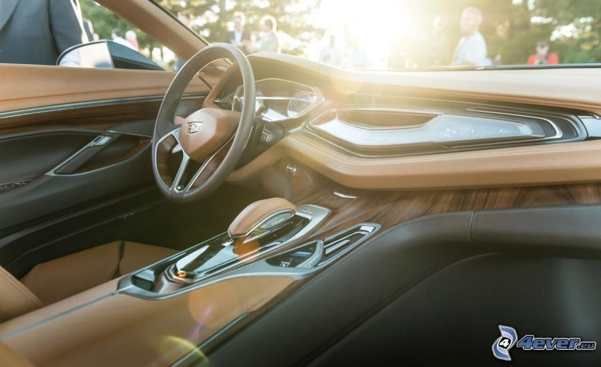Cadillac Elmiraj interior, sunset, steering wheel
