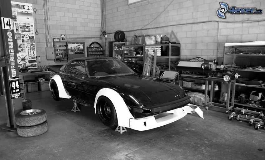 car, workshop, black and white