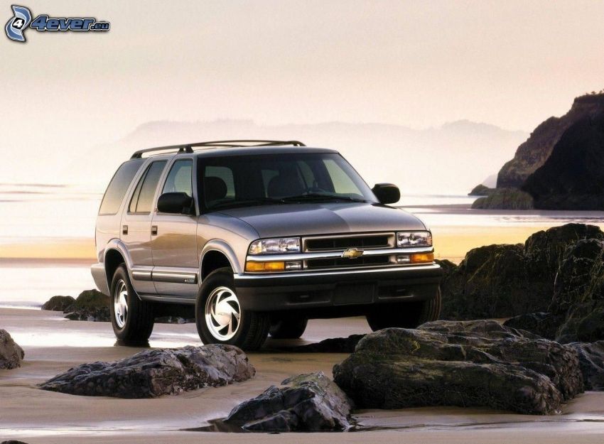 Chevrolet, SUV, rocks, beach, sea