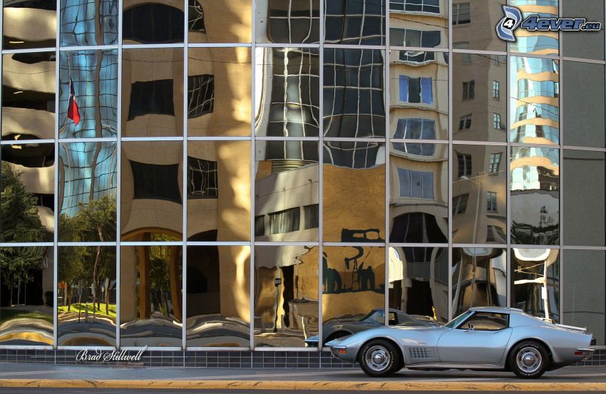 Chevrolet Corvette, oldtimer, building, glass, reflection