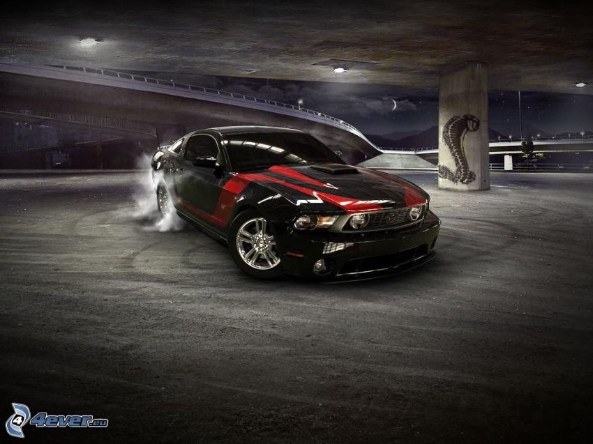 Ford Mustang Shelby, burnout, smoke, cobra, night, under the bridge