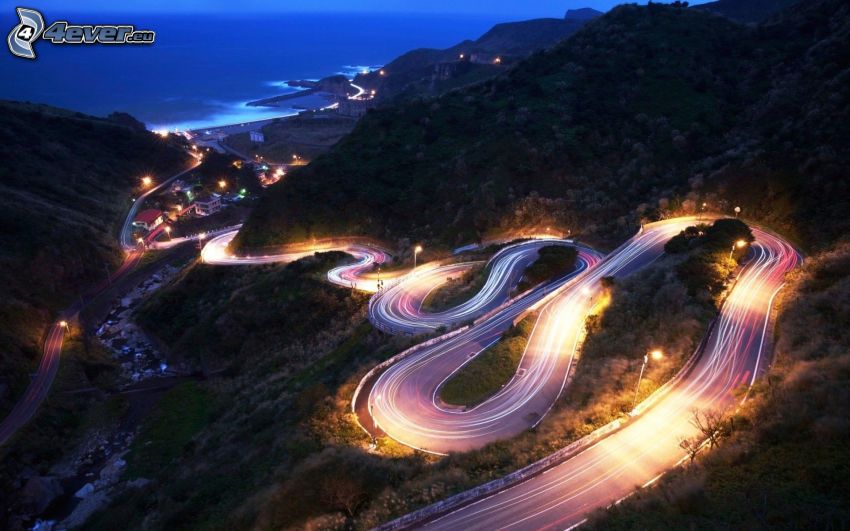 hairpin turn, night route, lights, hills