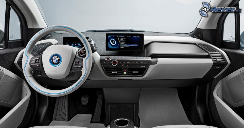 interior BMW i3, steering wheel, dashboard