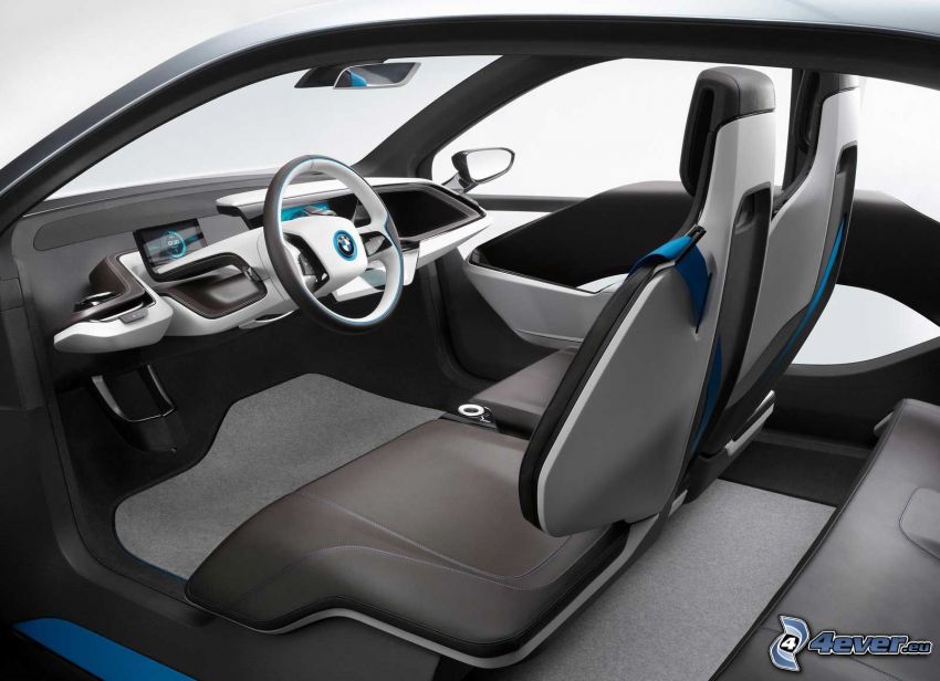 interior BMW i3, steering wheel, seats