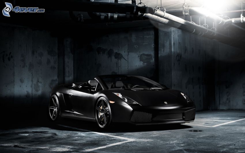 Lamborghini Gallardo, convertible, garage, black and white