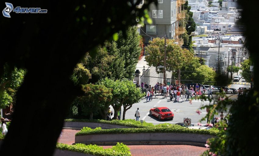 Lombard Street, San Francisco, Nissan, view of the city, people, trees