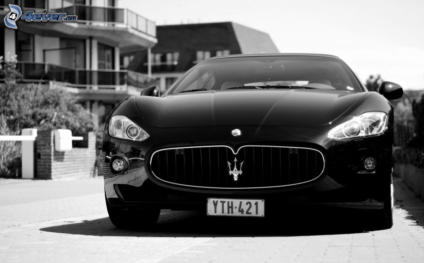 Maserati, front grille, black and white photo