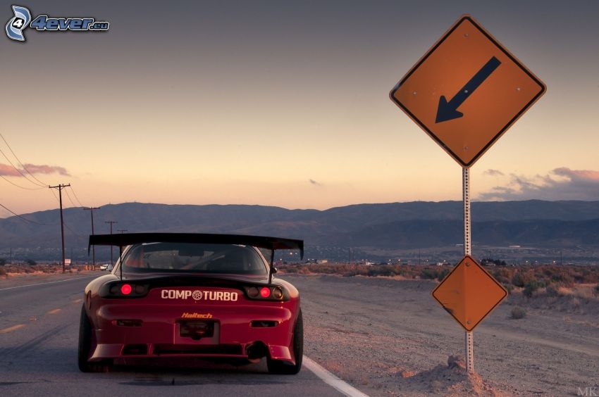 Mazda RX7, road sign, mountain