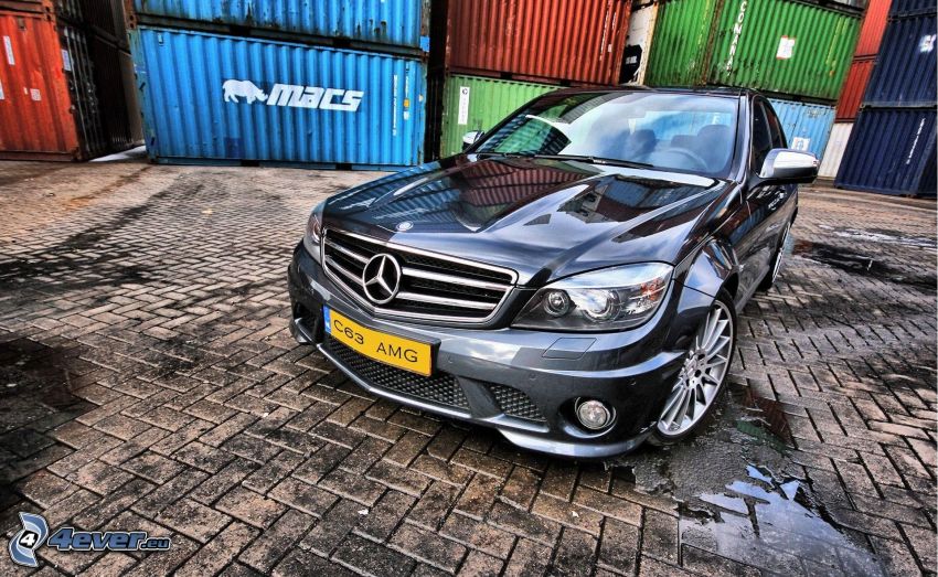 Mercedes C63 AMG, containers, pavement, HDR