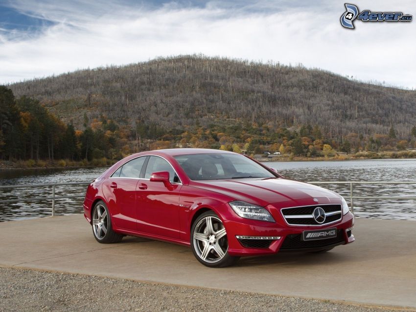 Mercedes CLS 63 AMG, lake, hill