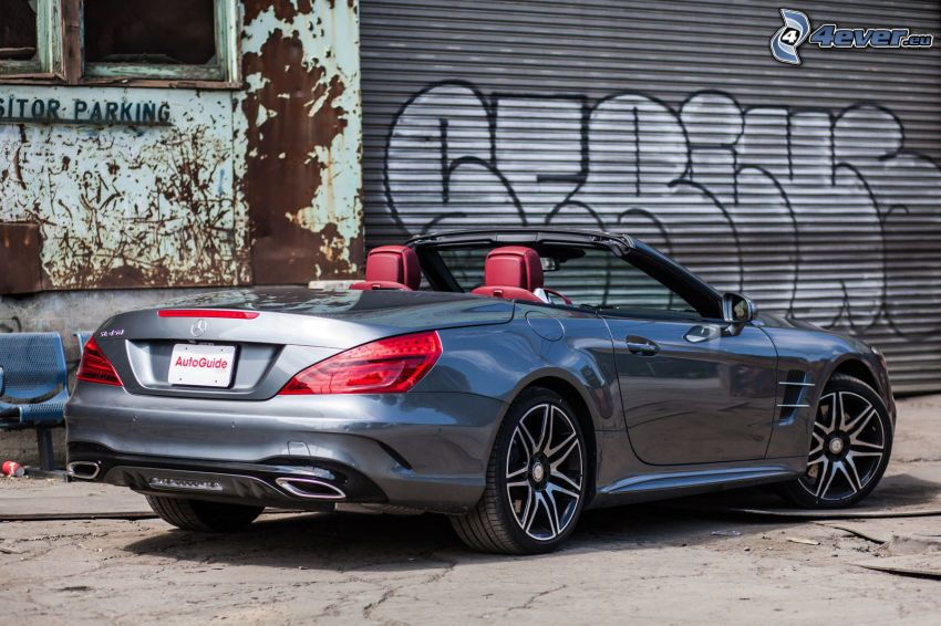 Mercedes SL, convertible, garage, graffiti