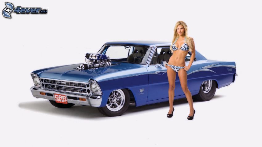 Muscle Car, Big Block, oldtimer, sexy woman in swimsuit