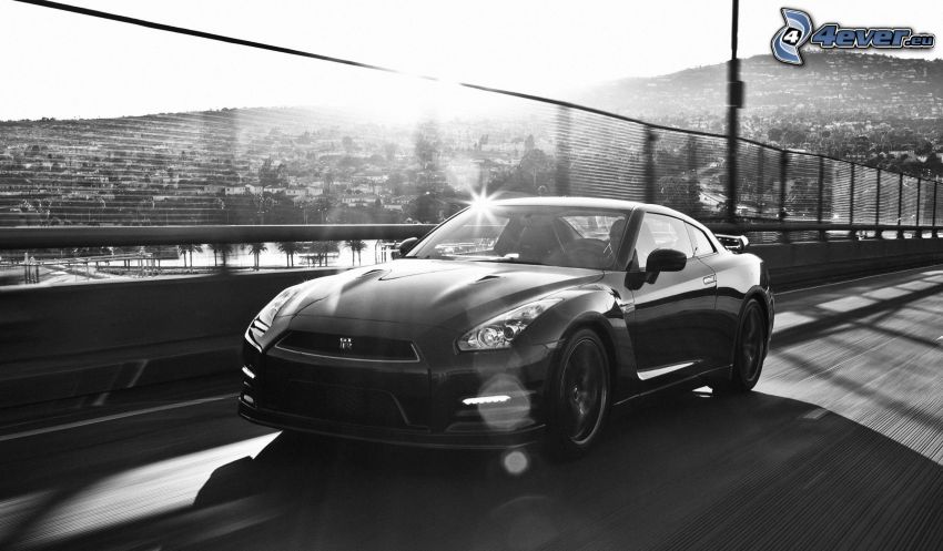 Nissan GT-R, speed, bridge, black and white