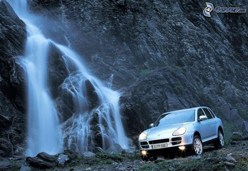 Porsche Cayenne, lights, waterfall, rock