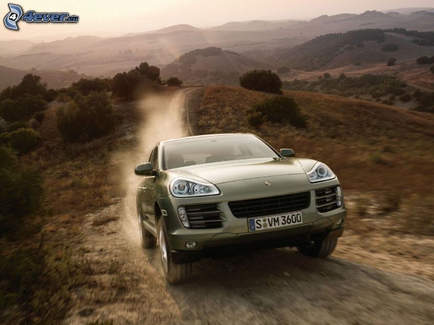 Porsche Cayenne, SUV, hills, field path, dust