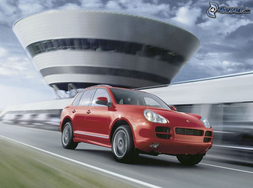 Porsche Cayenne, SUV, speed, modern building