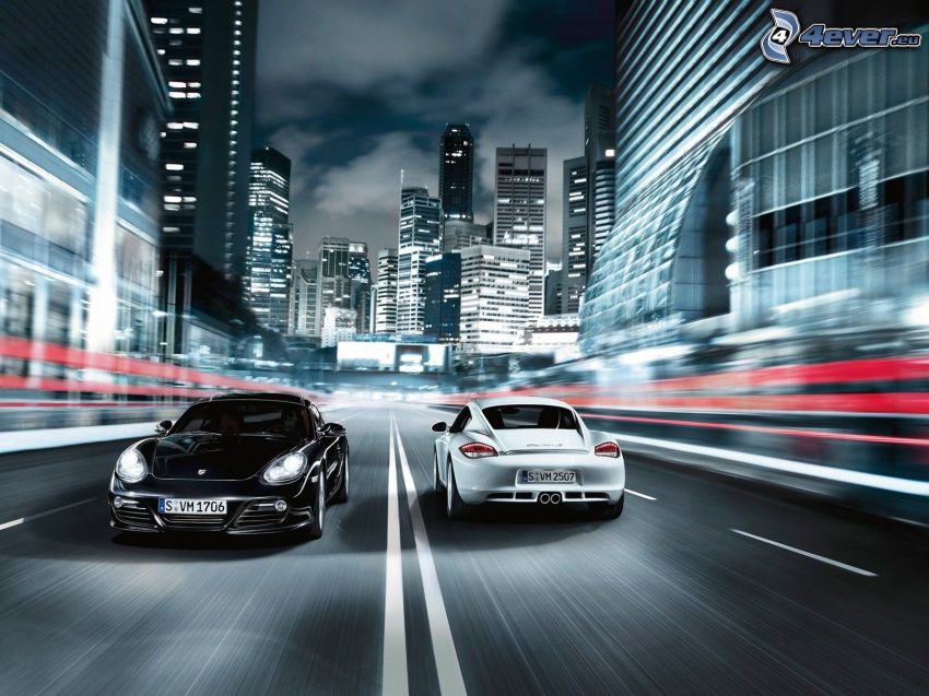 Porsche Cayman, speed, city, night