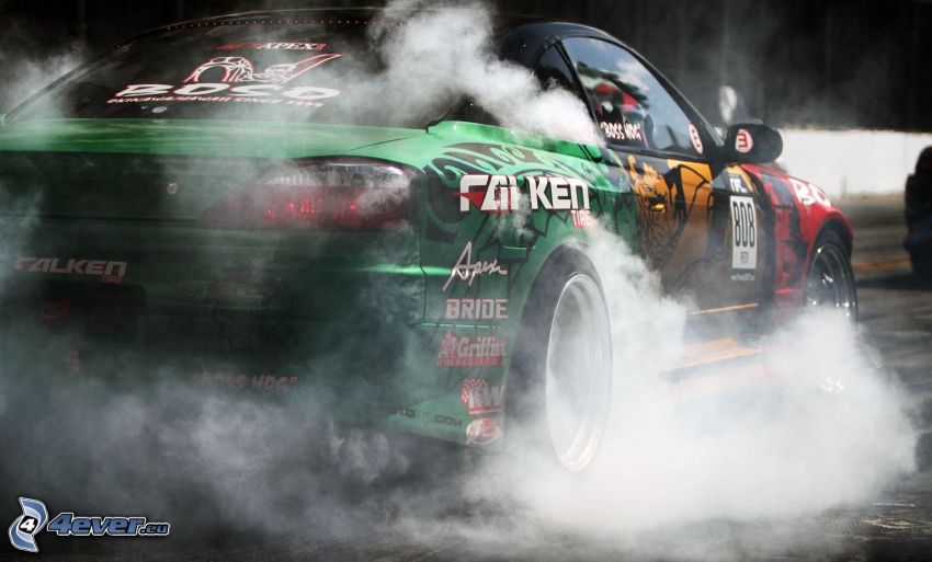 racing car, burnout, smoke