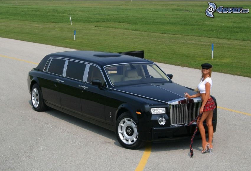 Rolls Royce Phantom, sexy blonde, miniskirt