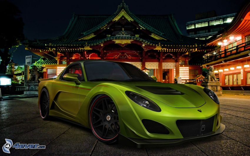 sports car, Chinese buildings, evening