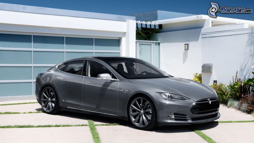 Tesla Model S, electric car, modern house