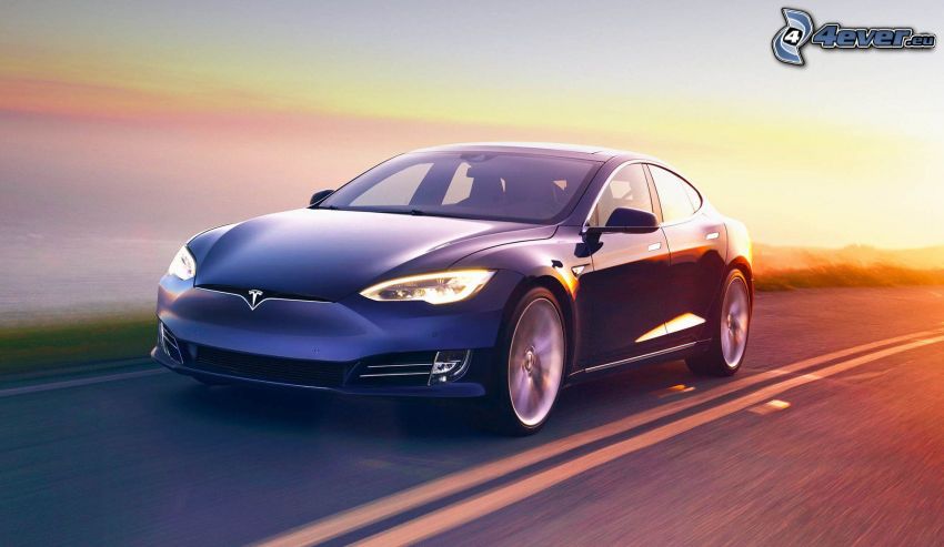Tesla Model S, speed, sunset