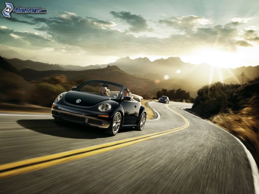 Volkswagen New Beetle Cabrio, sunset over the road, mountain