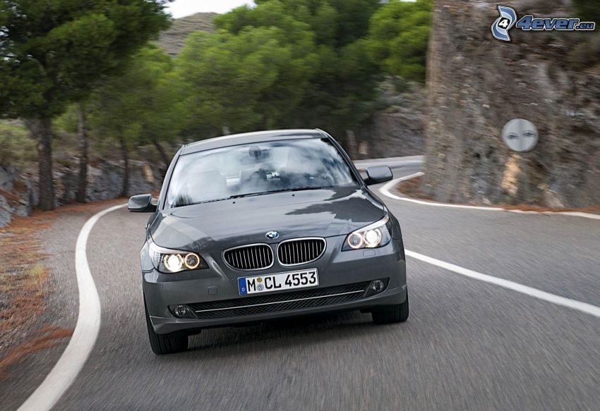 BMW 5, speed, road curve, rock