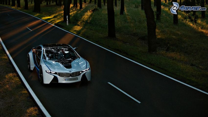 BMW i8, BMW Vision Efficient Dynamics, concept, road through forest