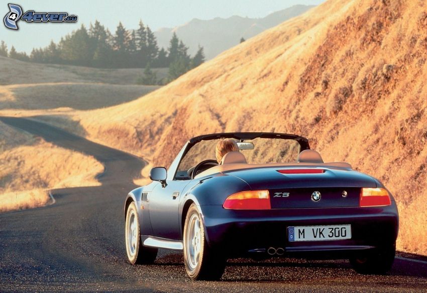 BMW Z3, convertible, road, hill