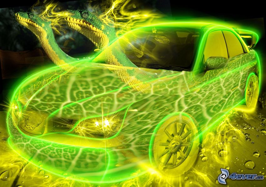 car, neon, snakes