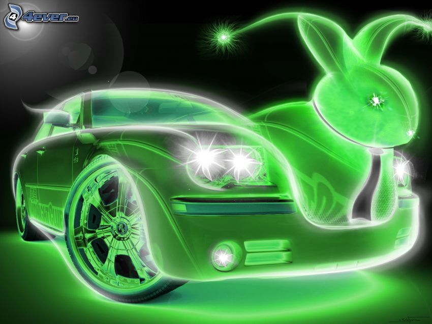 cartoon car, neon, cartoon bunny