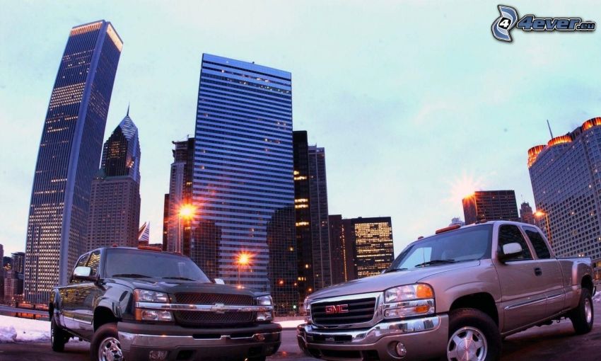 Chevrolet Silverado, GMC, pickup truck, skyscrapers