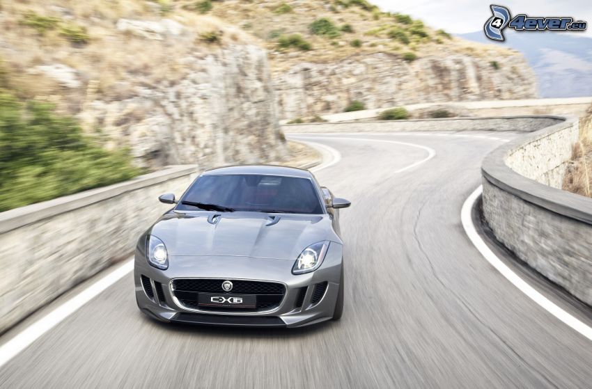 Jaguar C-X16, speed, road, rock