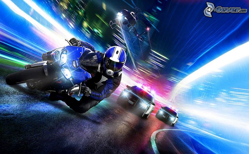 moto-biker, helicopter, police car