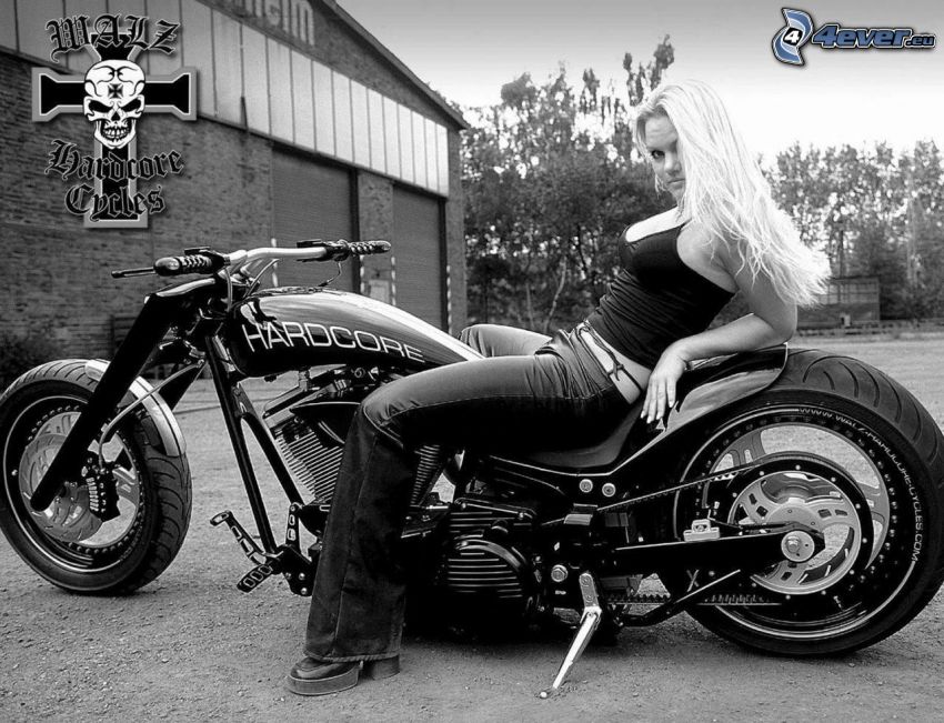 blonde, motocycle, black and white