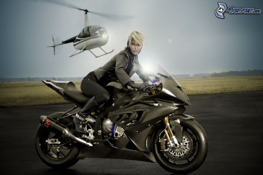 BMW bike, girl motobiker, personal helicopter