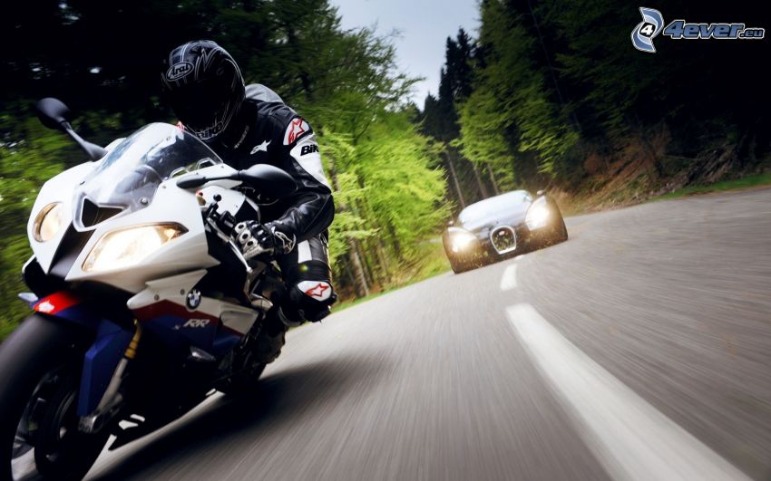 BMW bike, moto-biker, speed, Bugatti Veyron, road through forest